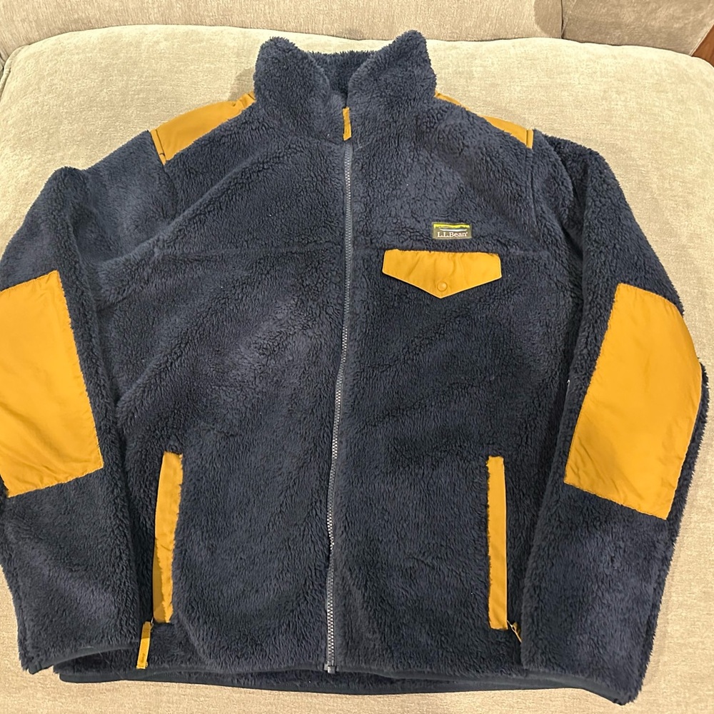 Men’s LL Bean Hi-Pile Jacket Large Navy & Gold